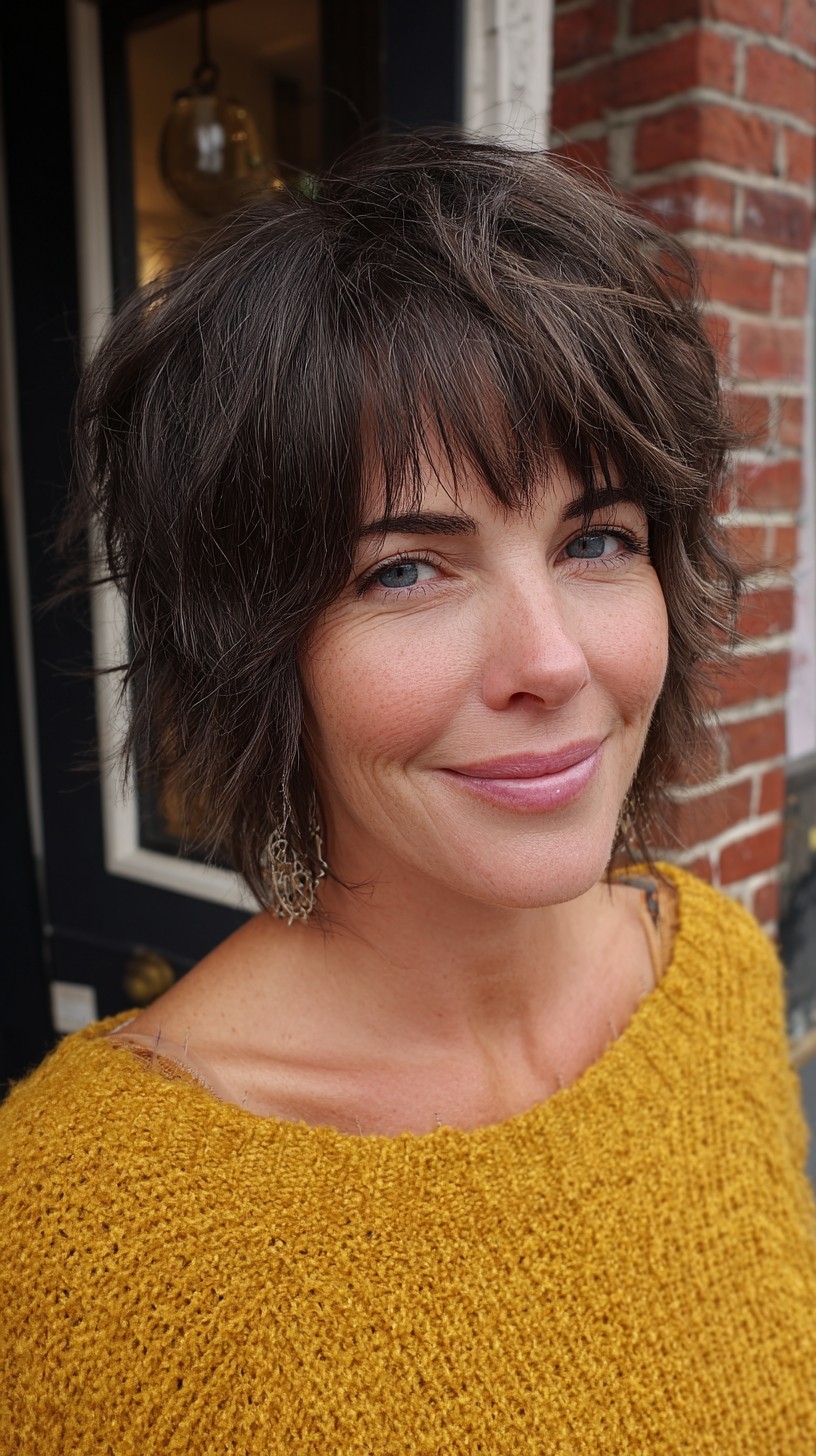 Chic Espresso Tapered Bob with Swooping Bangs