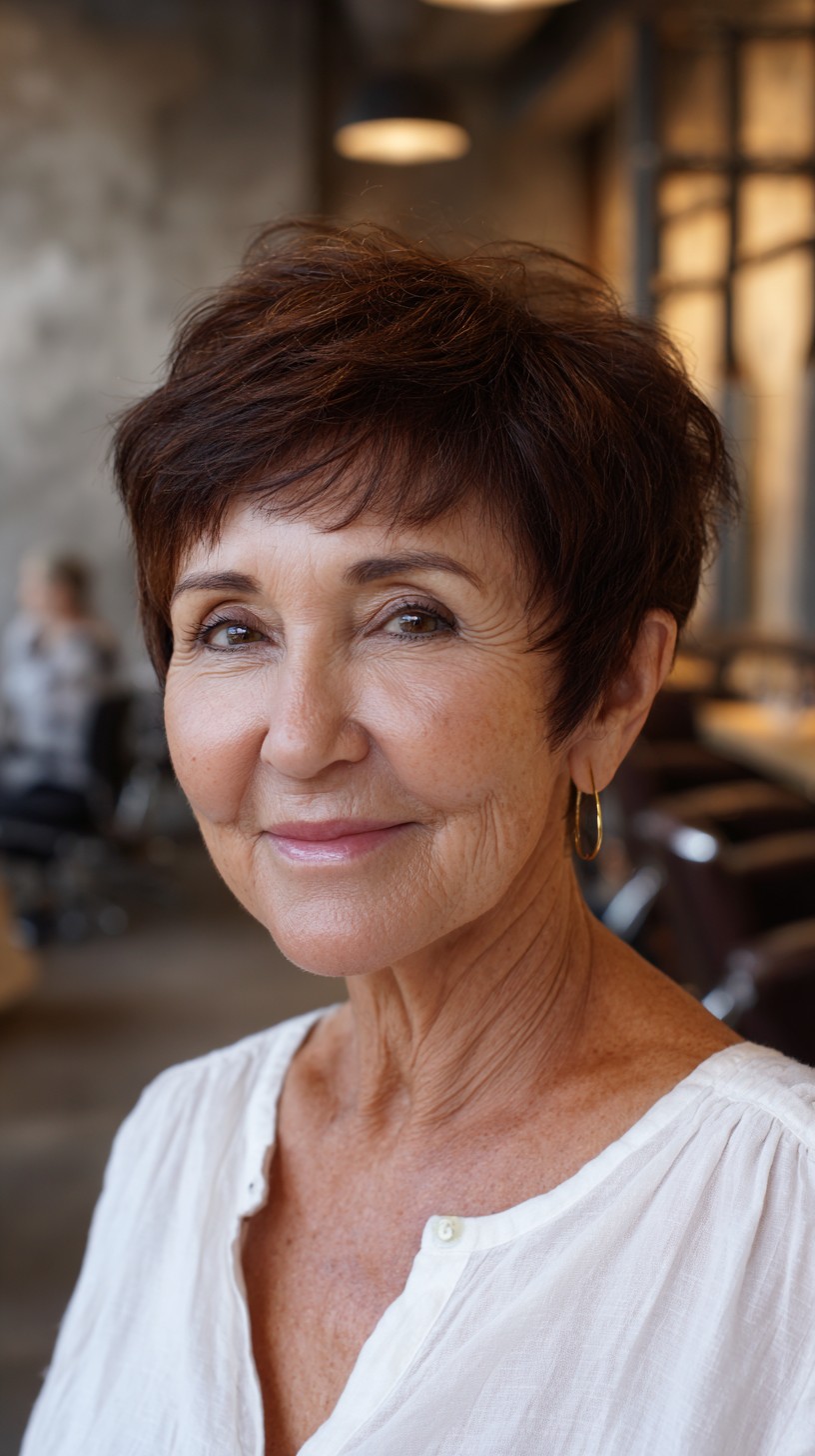 Deep Chestnut Textured Pixie with Feathered Layers