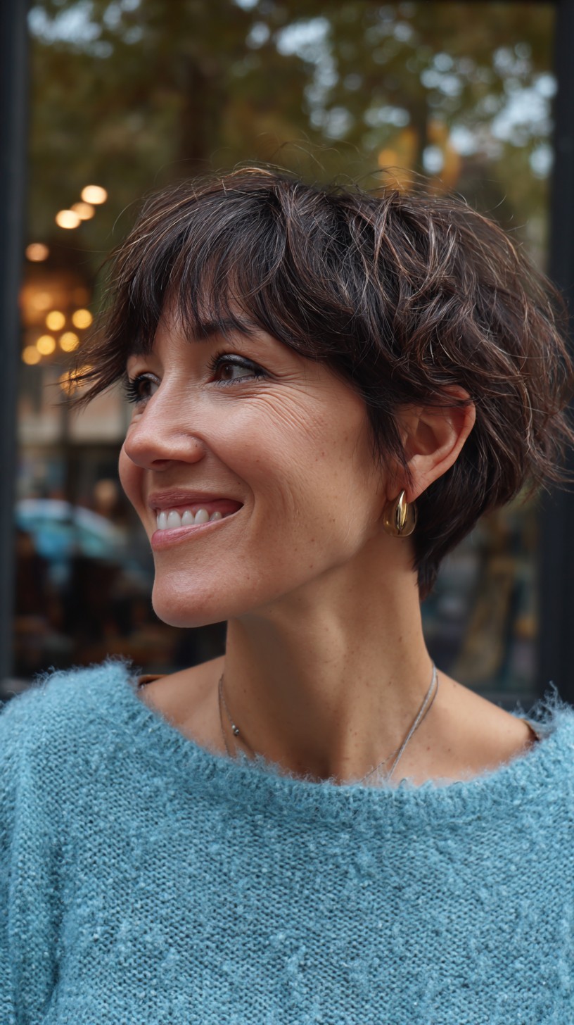 Effervescent Espresso Tousled Pixie with Natural Highlights
