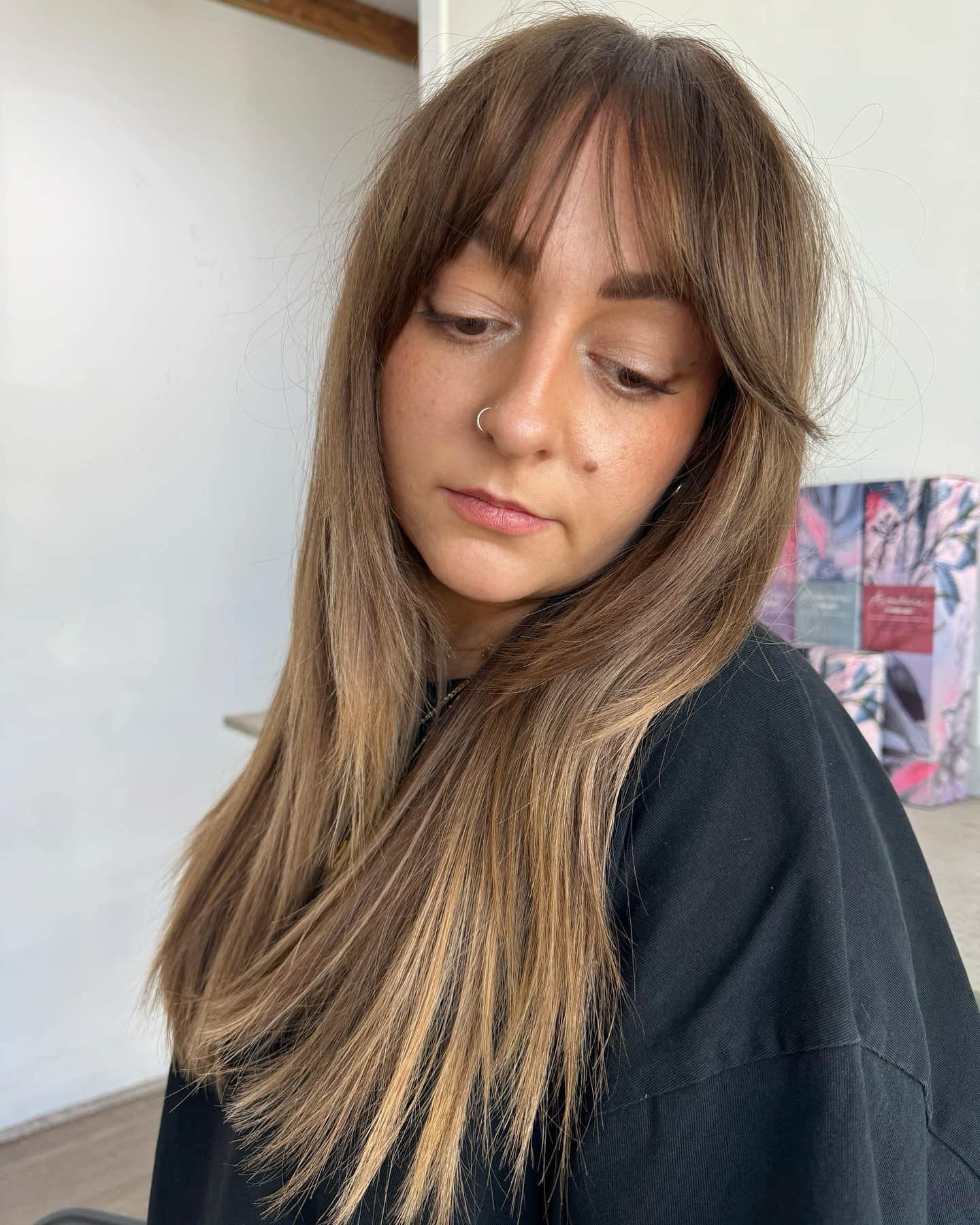 Effortlessly Textured Long Cut with Soft 90s Wispy Bangs