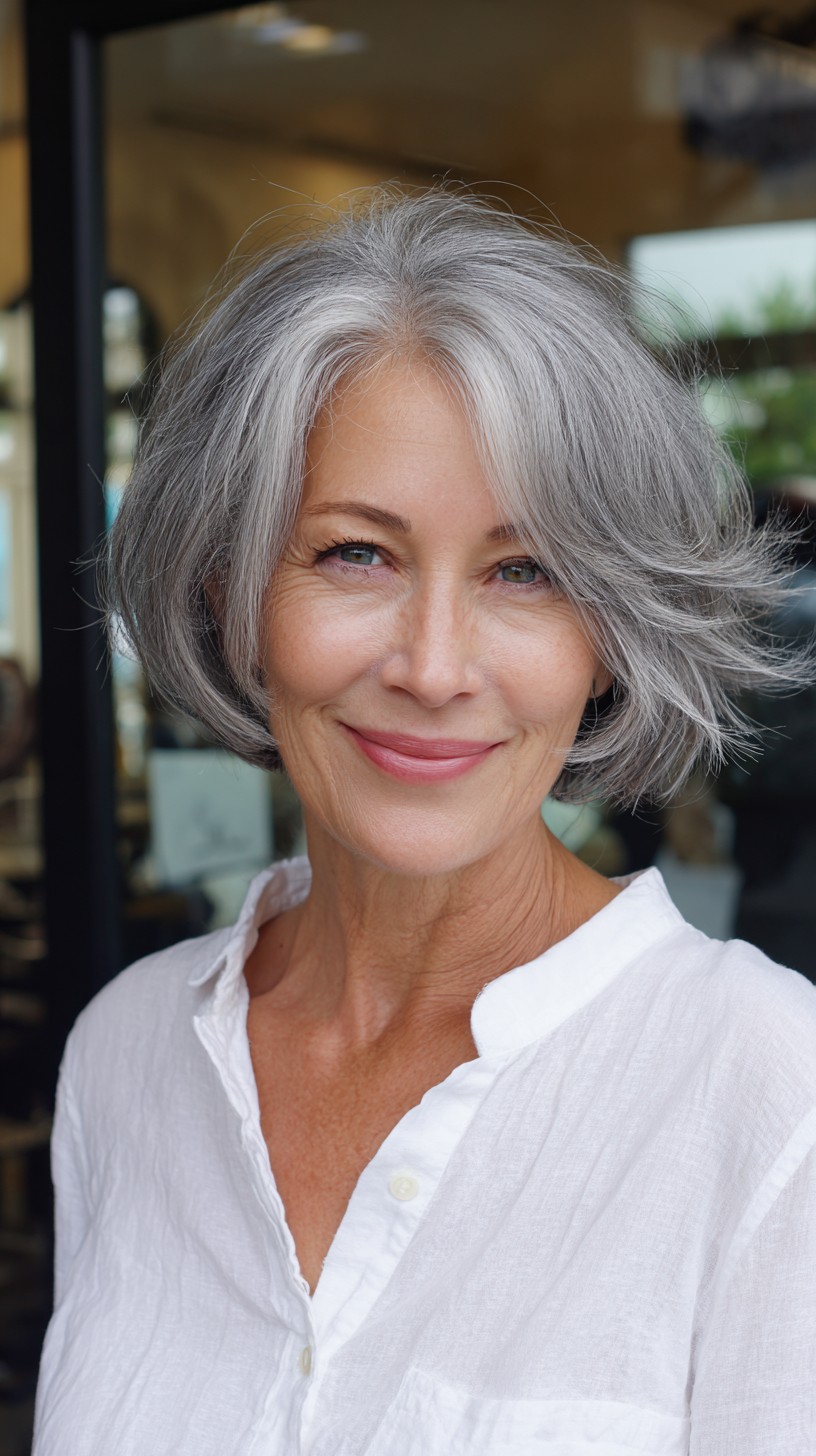 Elegant Silver Feathered Bob with Soft Waves