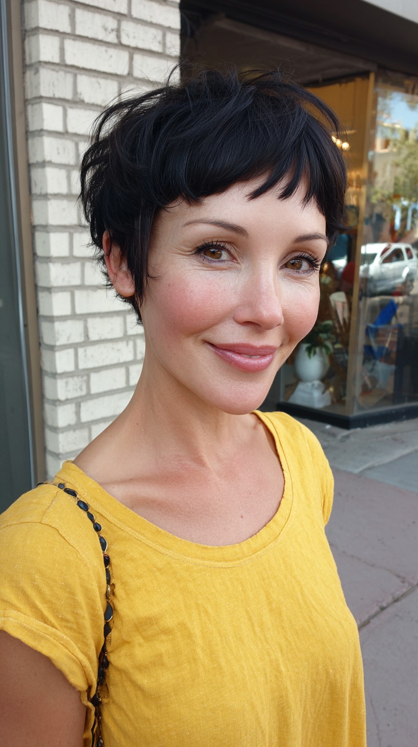 Jet-Black Curly Shag with Lively Bangs