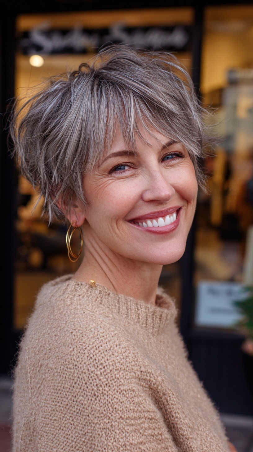 Modern Salt-and-Pepper Pixie with Layered Texture