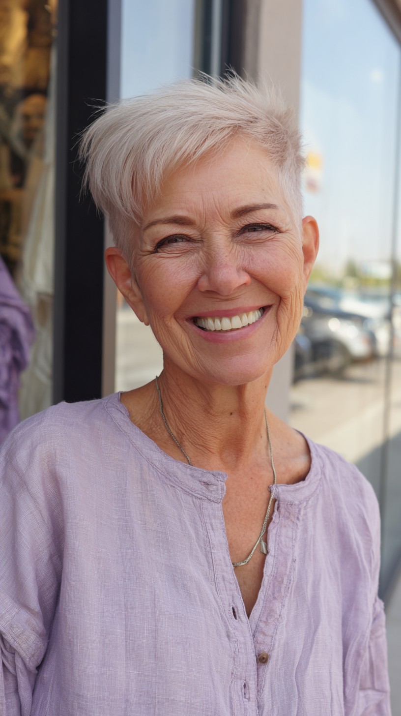 Sleek Silver Textured Pixie for Mature Women