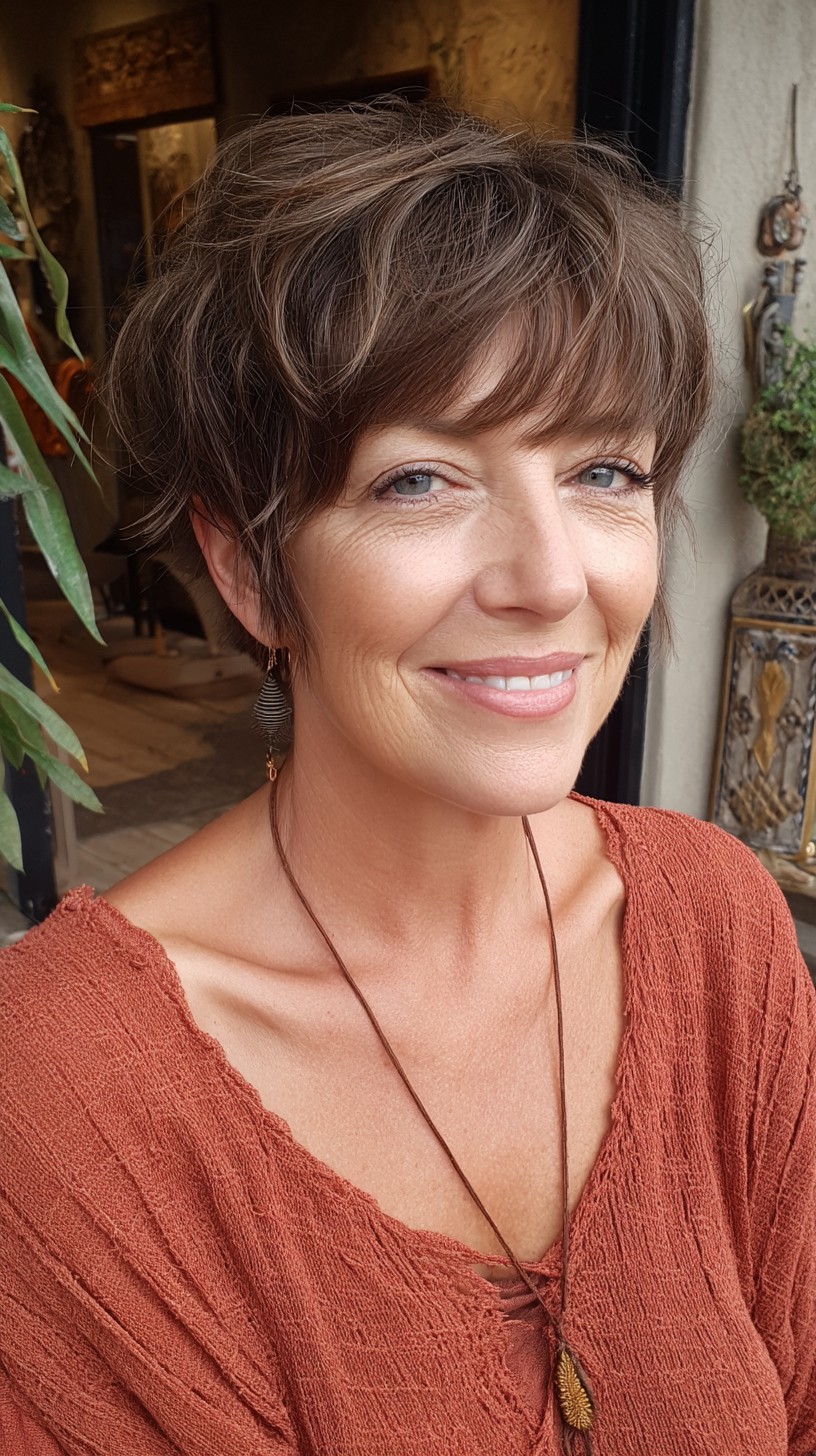 Subtle Chestnut Tousled Pixie with Feathered Layers