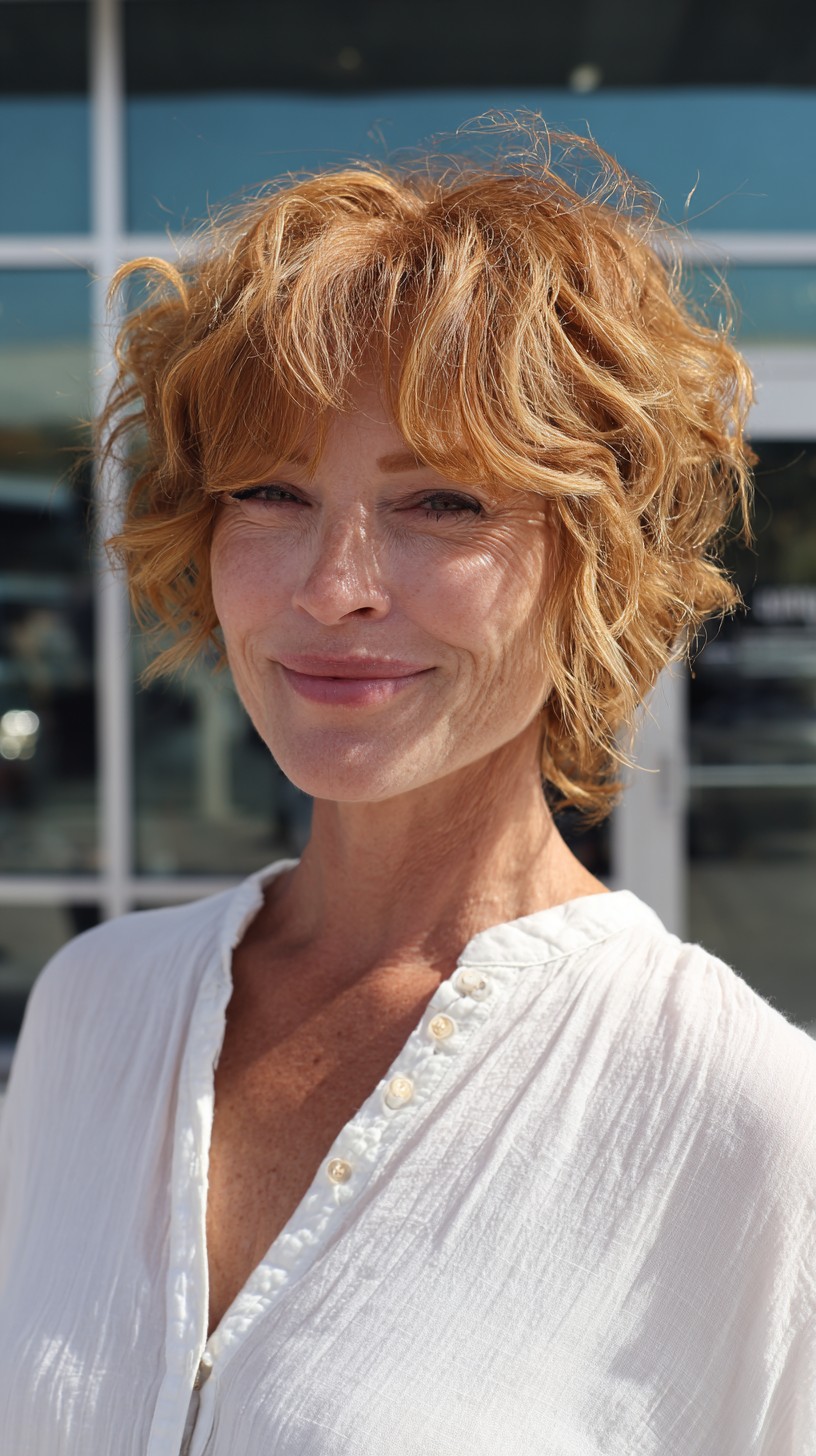 Sun-Kissed Copper Curly Bob for Mature Women