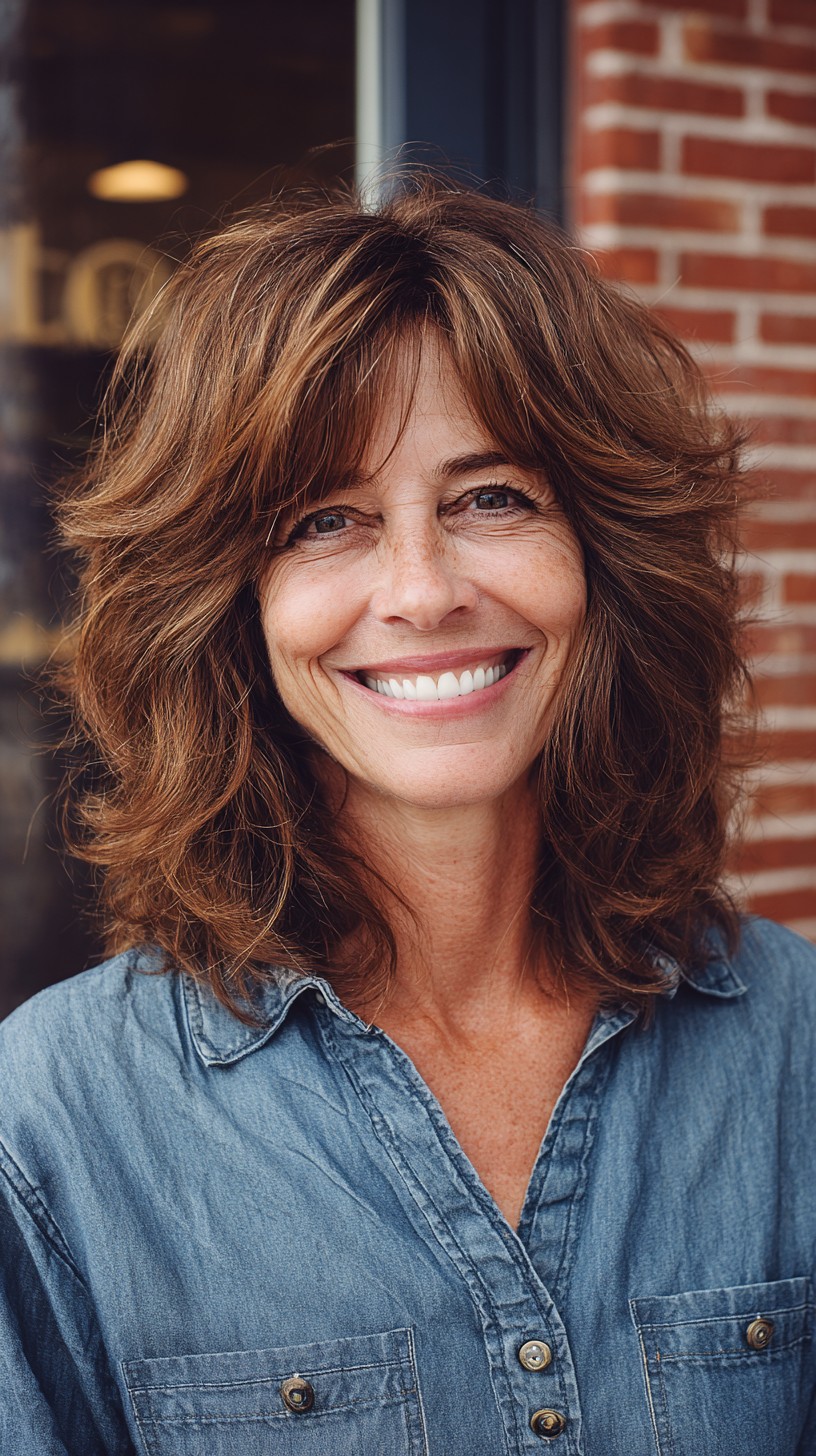 Textured Chocolate Waves with Soft Bangs for Women Over 50