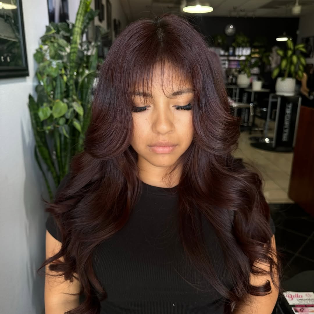 Voluminous Chocolate Waves with Soft Wispy Bangs