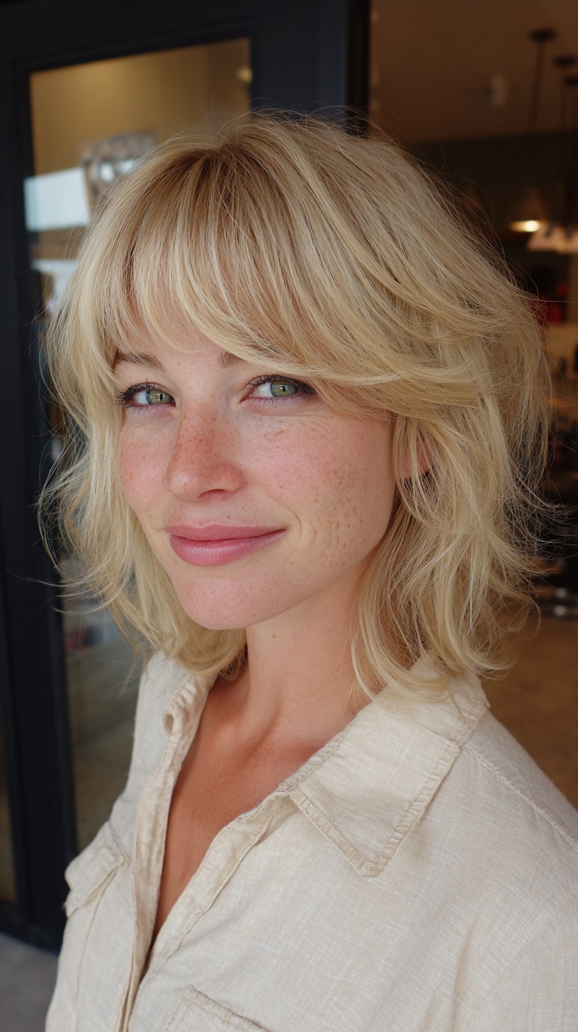 Breezy Lightweight Blonde Shag with Feathered Bangs