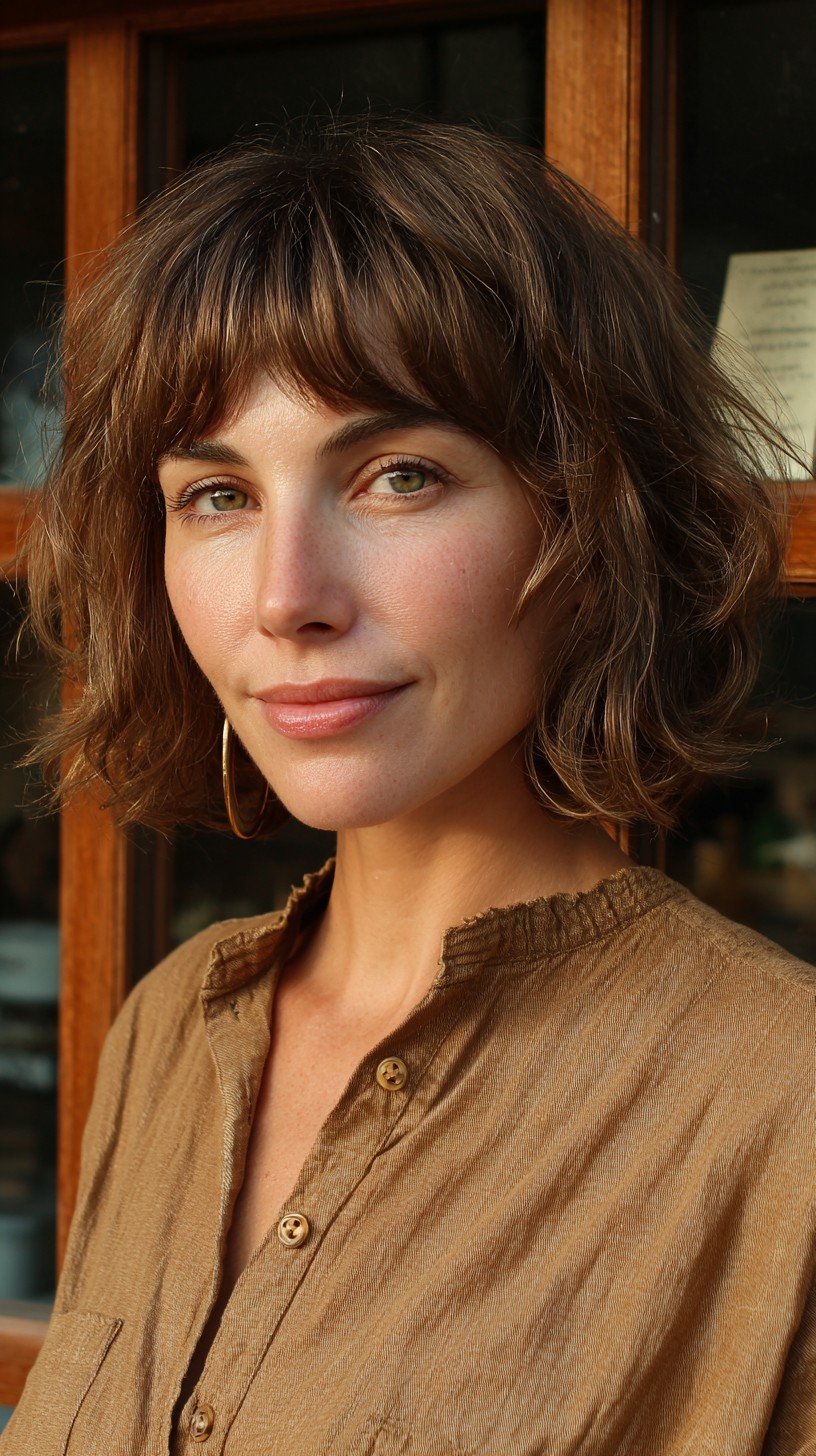 Brunette Textured Bob with Wispy Bangs