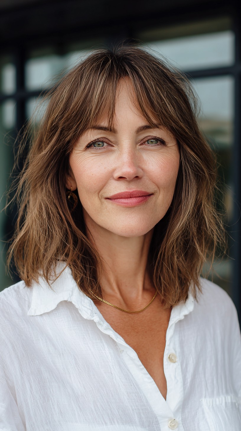 Brunette Textured Lob with Feathered Fringe