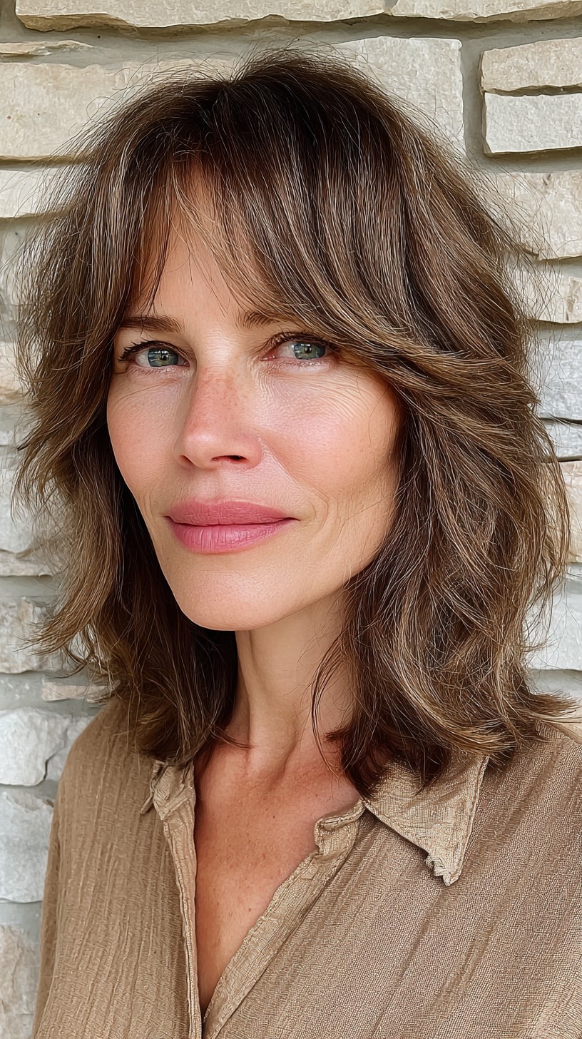Brunette Tousled Lob with Dynamic Curtain Bangs