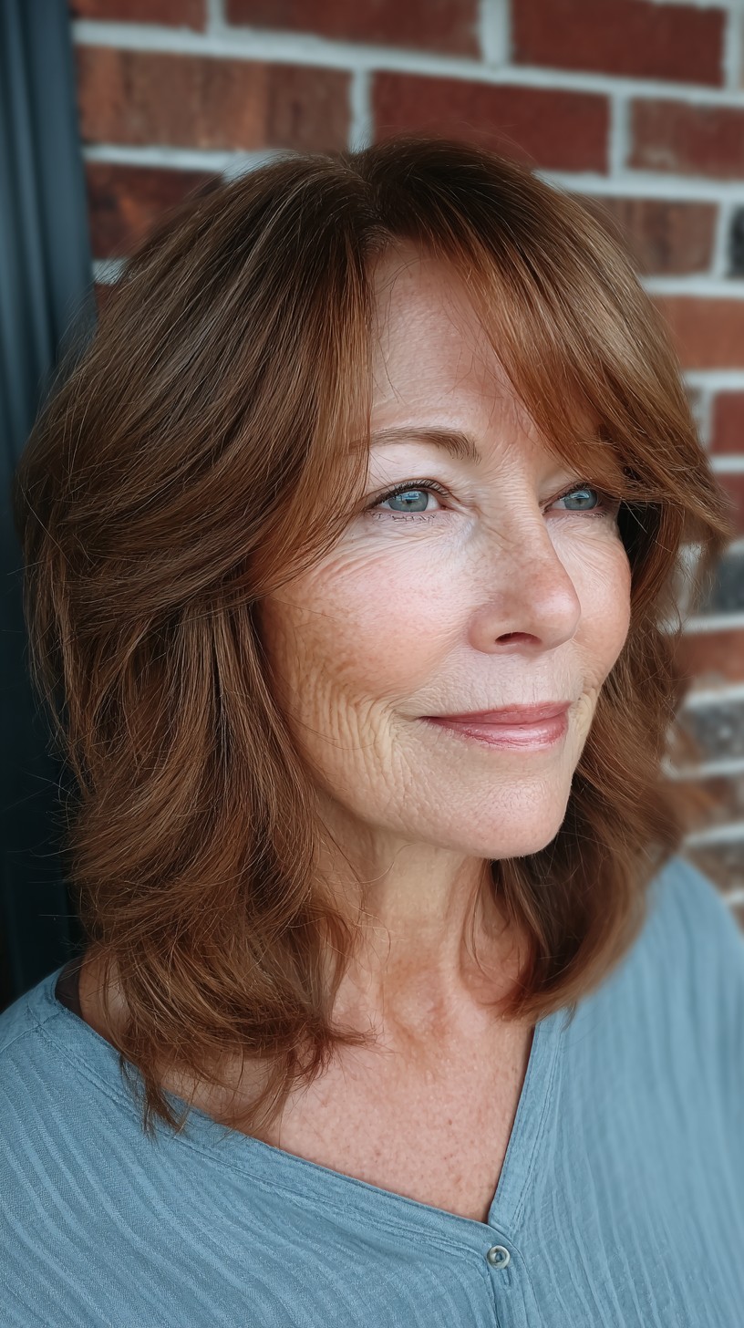 Burnished Copper Lob with Sweeping Curtain Bangs