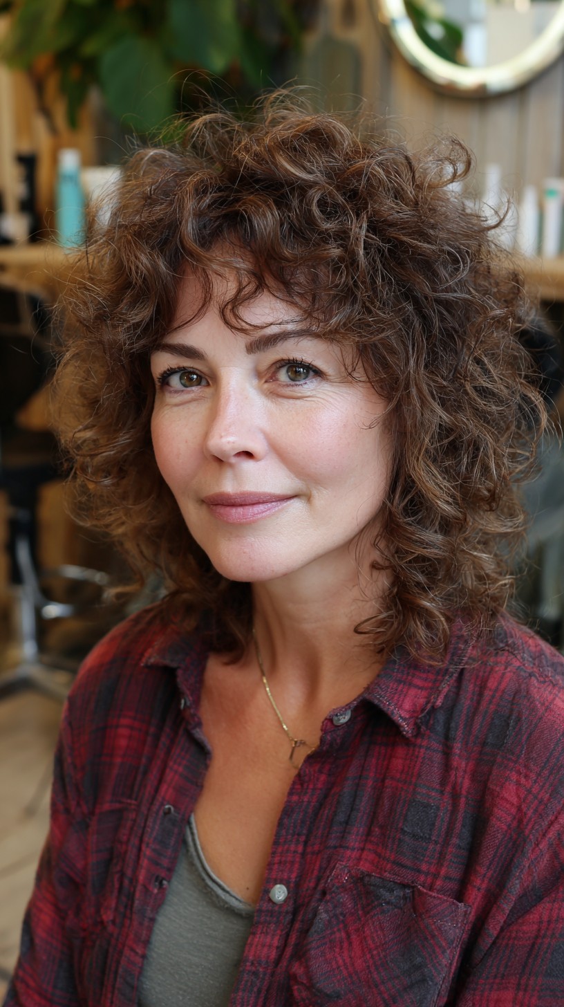 Cascading Chestnut Curls with Soft Bangs