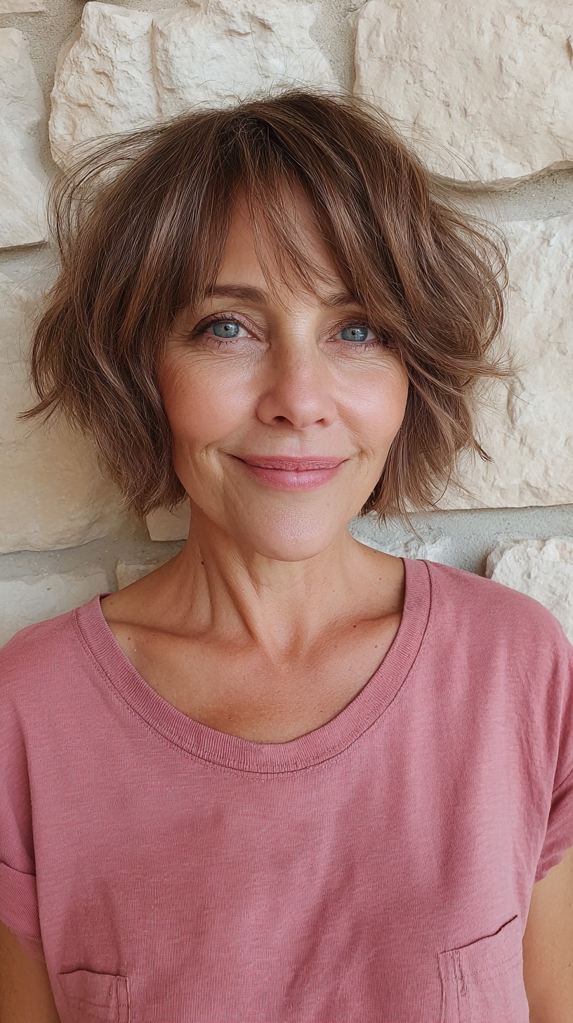 Charming Chestnut Wavy Bob with Light Fringe