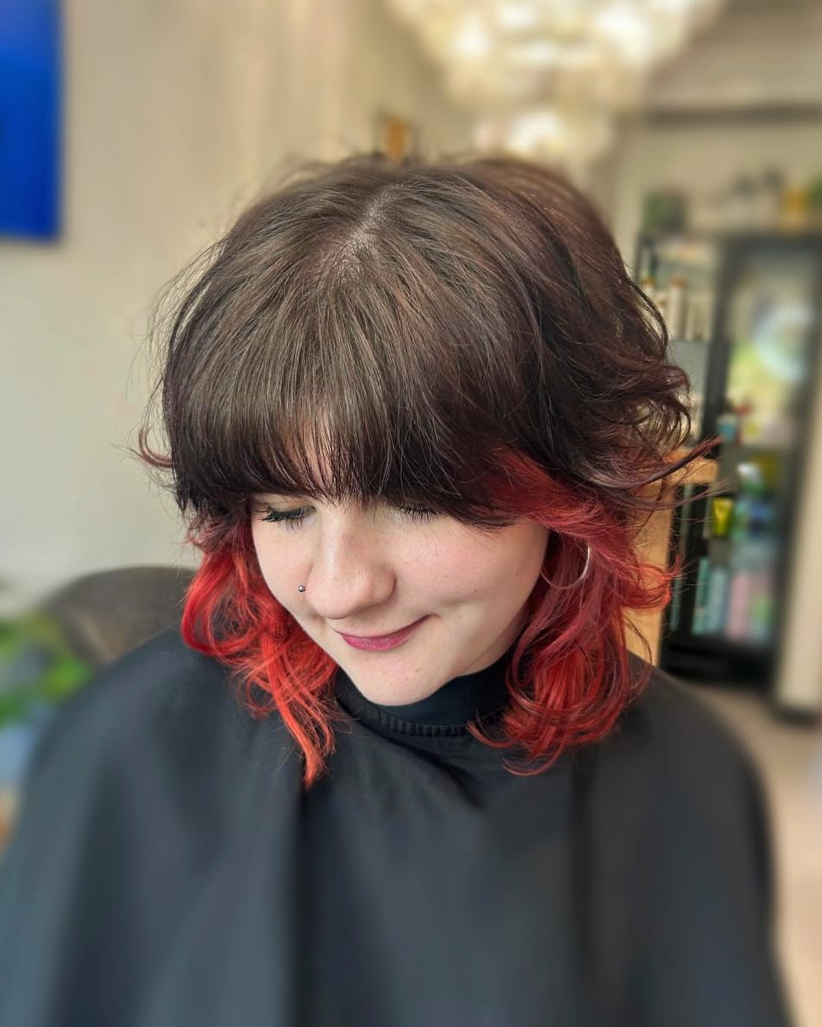 Chic Brunette-to-Red Ombre Shag with Soft Bangs