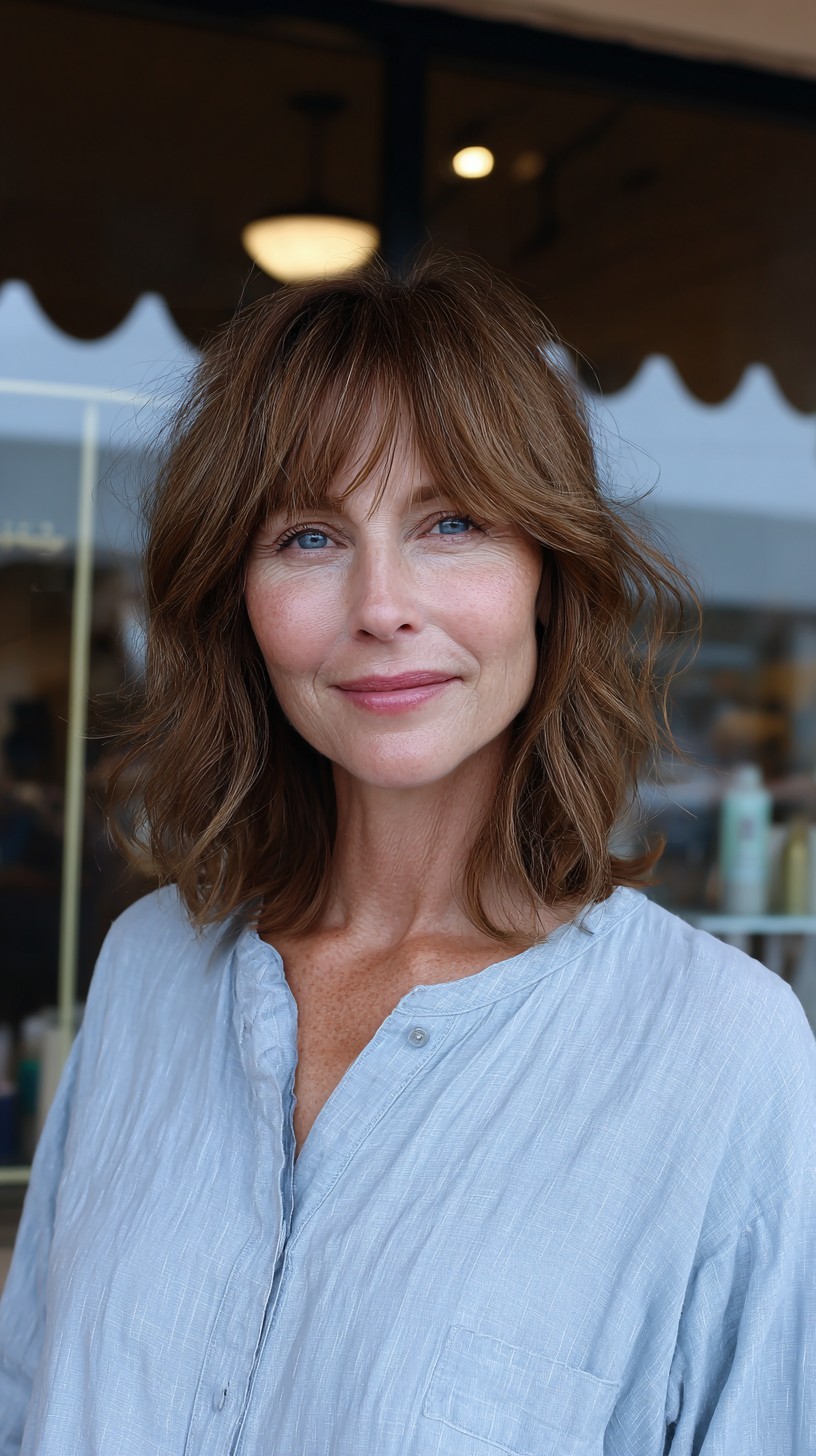 Chic Chestnut Lob with Layered Curtain Bangs