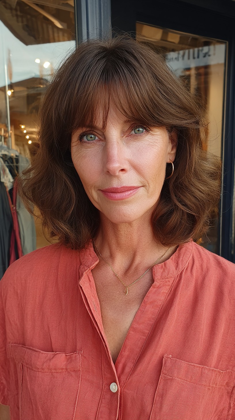 Chic Cinnamon Lob with Sculpted Curtain Bangs