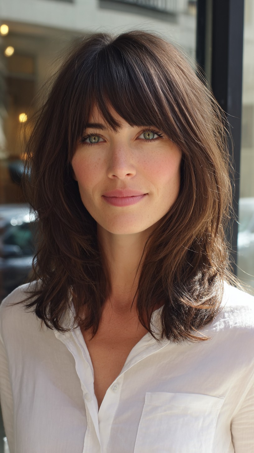 Chic Espresso Shag with Side-Swept Bangs