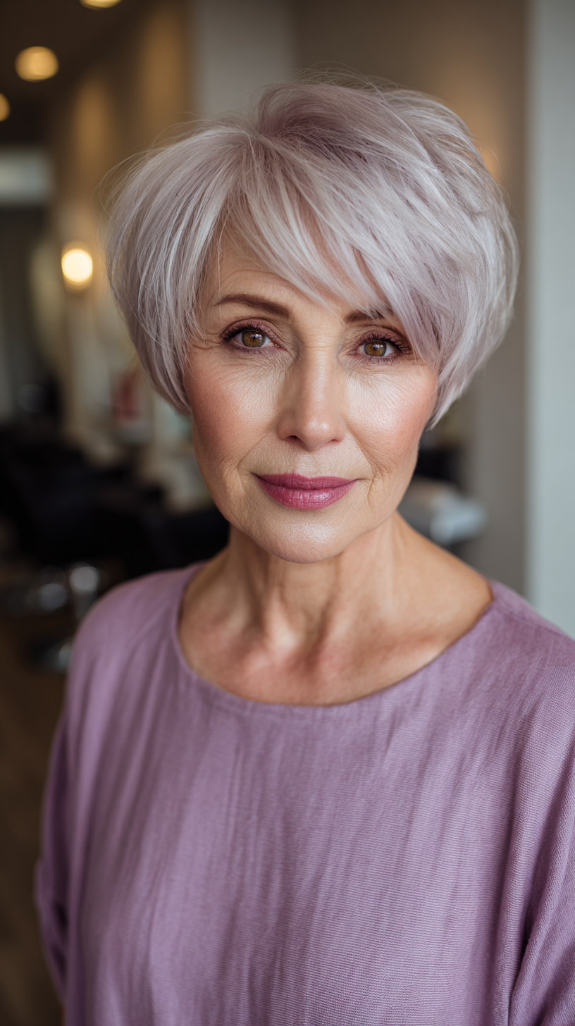 Chic Layered Pixie Cut with Soft Lavender Highlights