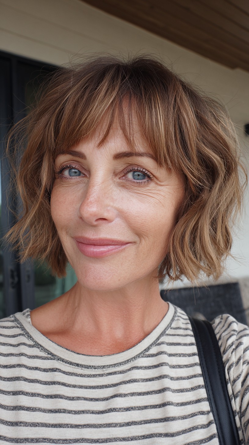 Chic Tawny Bob with Flowing Curtain Bangs