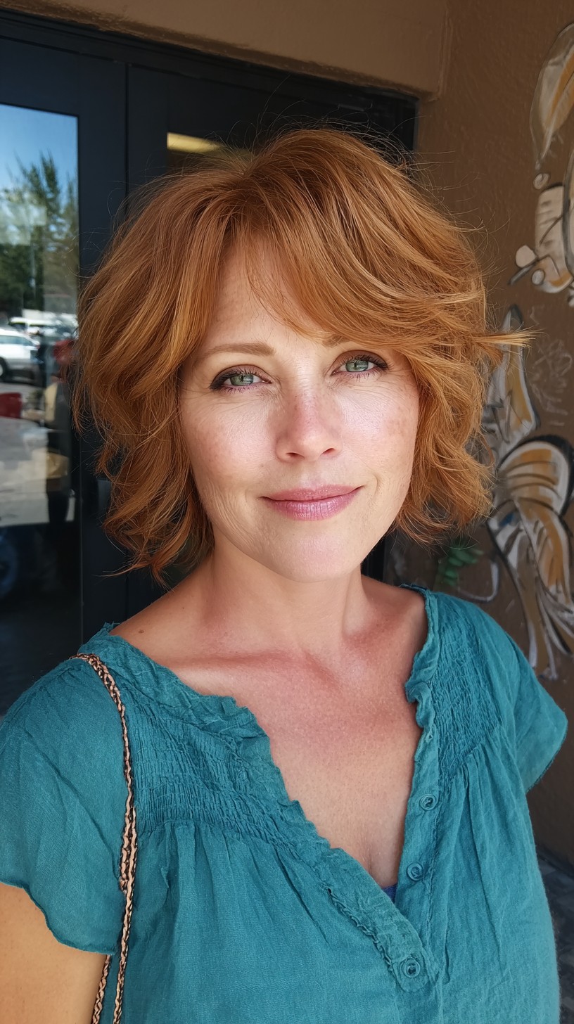 Copper Waves with Feathered Curtain Bangs
