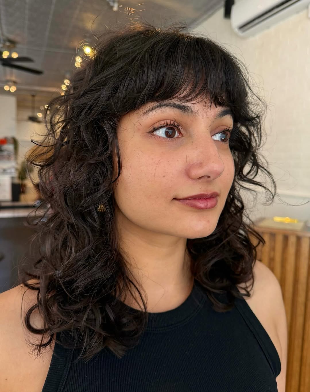 Curly Chestnut Shag with Soft Fringe