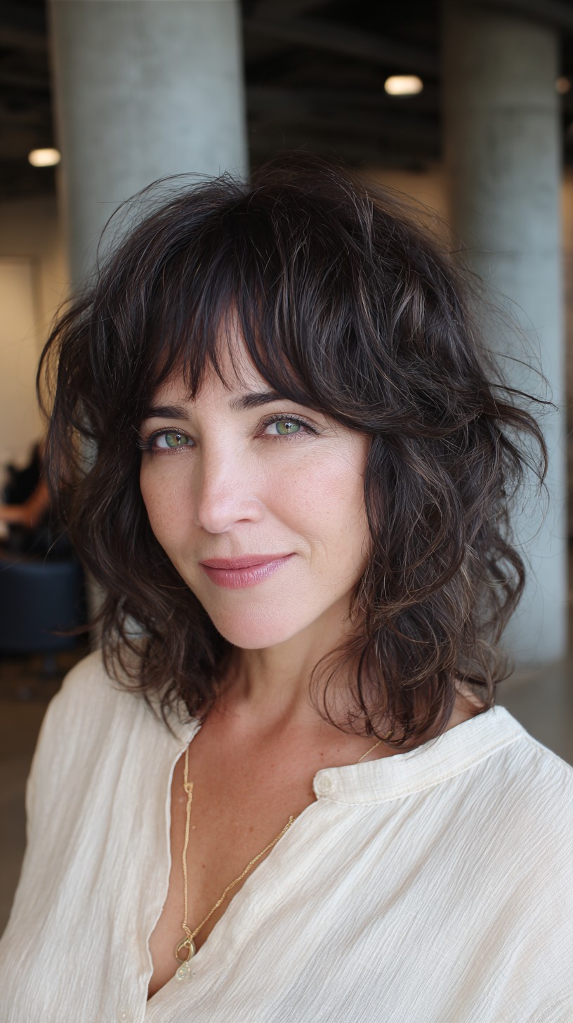 Dark Wavy Bob with Soft Fringe