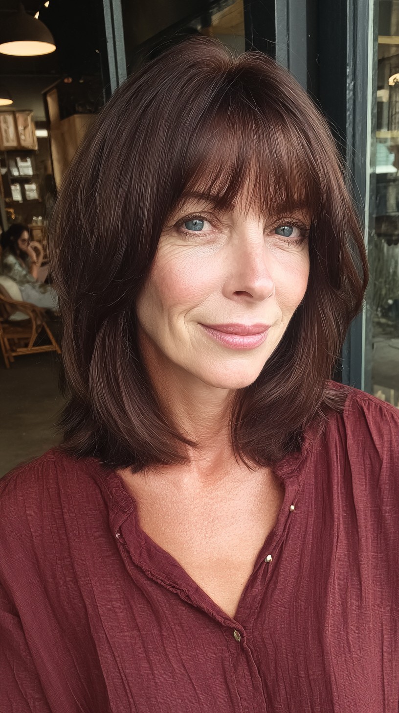 Deep Chestnut Lob with Soft Curtain Bangs