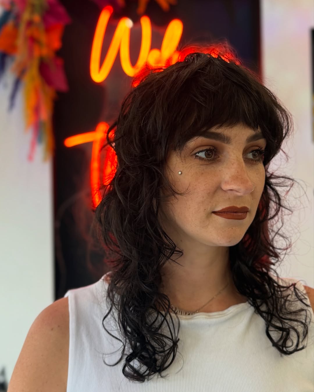 Deep Chocolate Shag with Defined Curls and Bangs