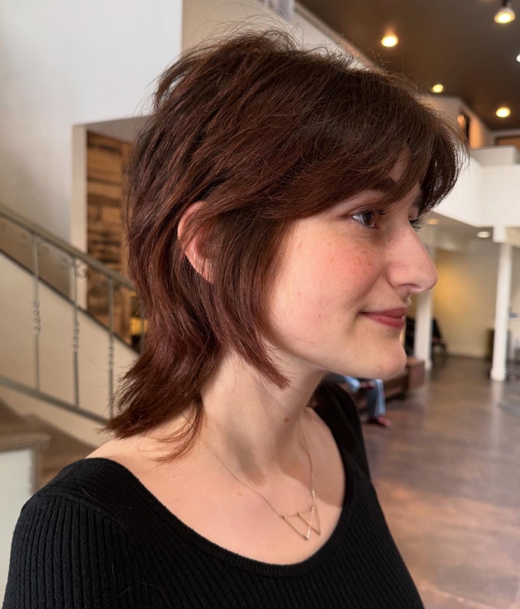 Dynamic Auburn Wolf Cut with Soft Bangs
