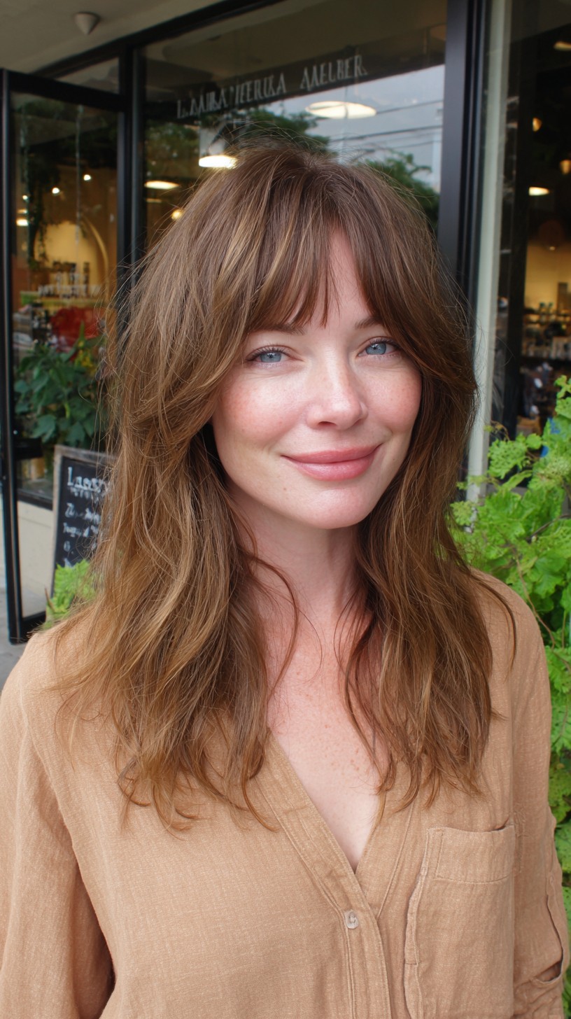 Effortless Chestnut Curtain Bangs with Textured Waves