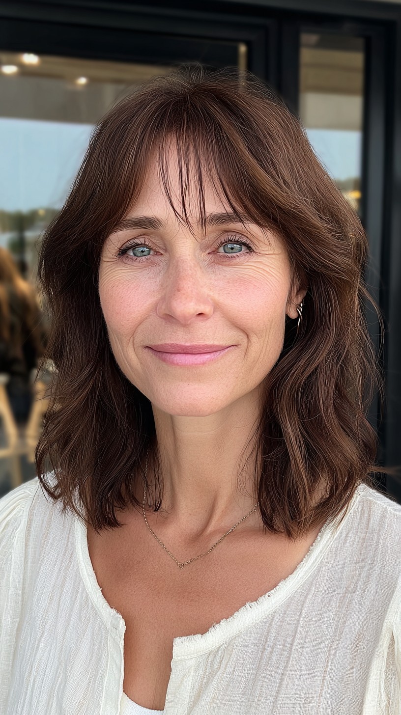 Effortless Chocolate Lob with Feathered Bangs