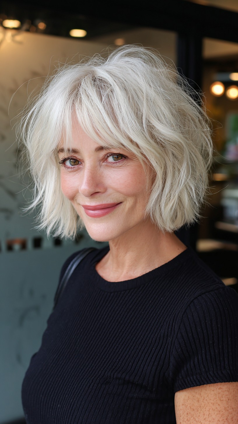 Effortlessly Chic Silver Textured Bob with Fringe