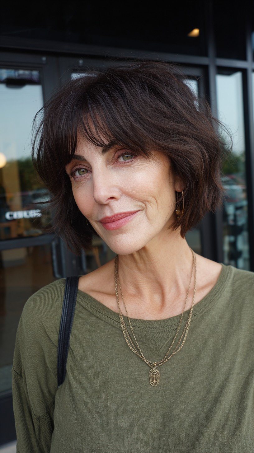 Elegant Espresso Bob with Wispy Curtain Bangs
