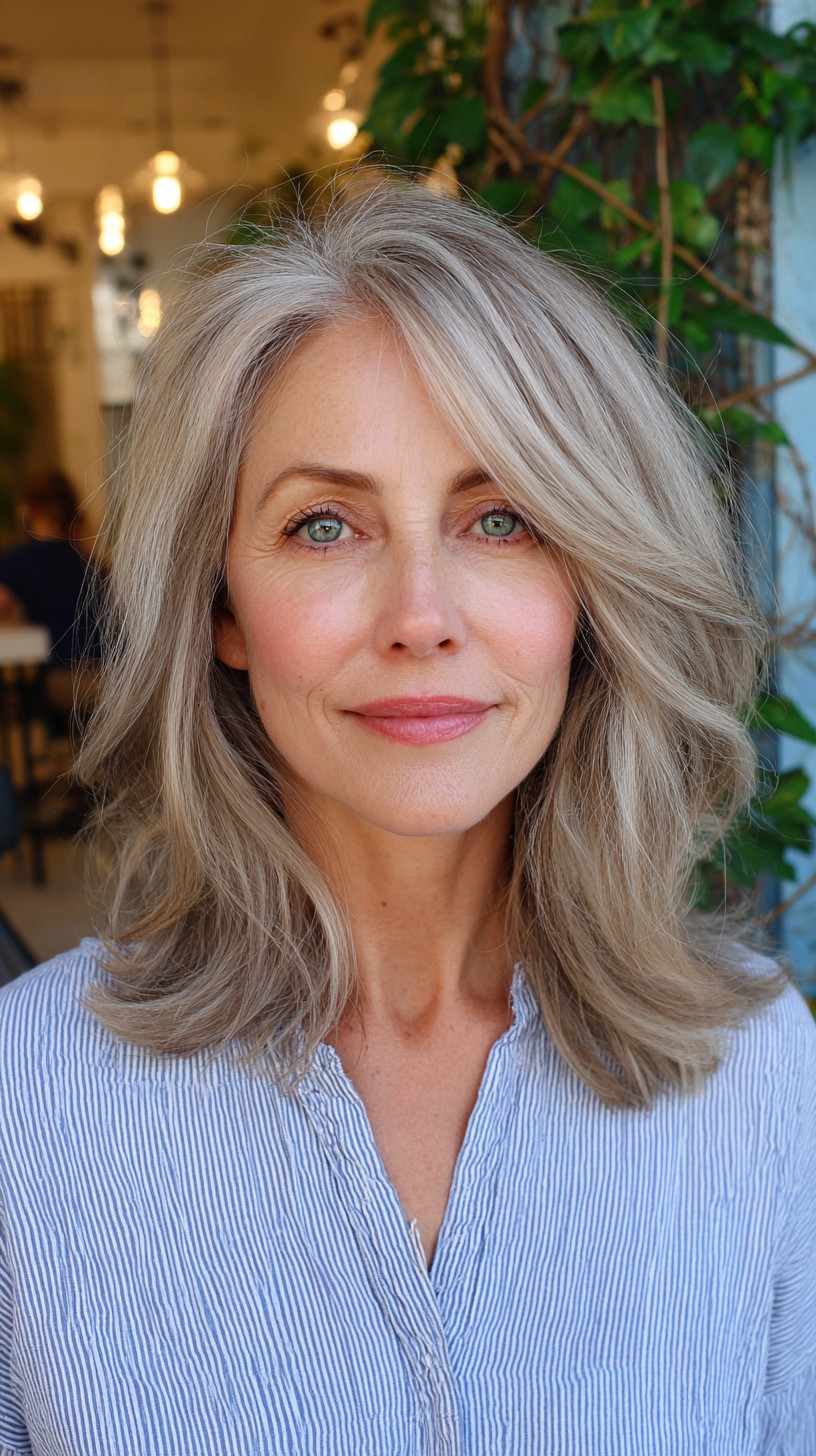 Elegant Silver Lob with Soft Curtain Bangs