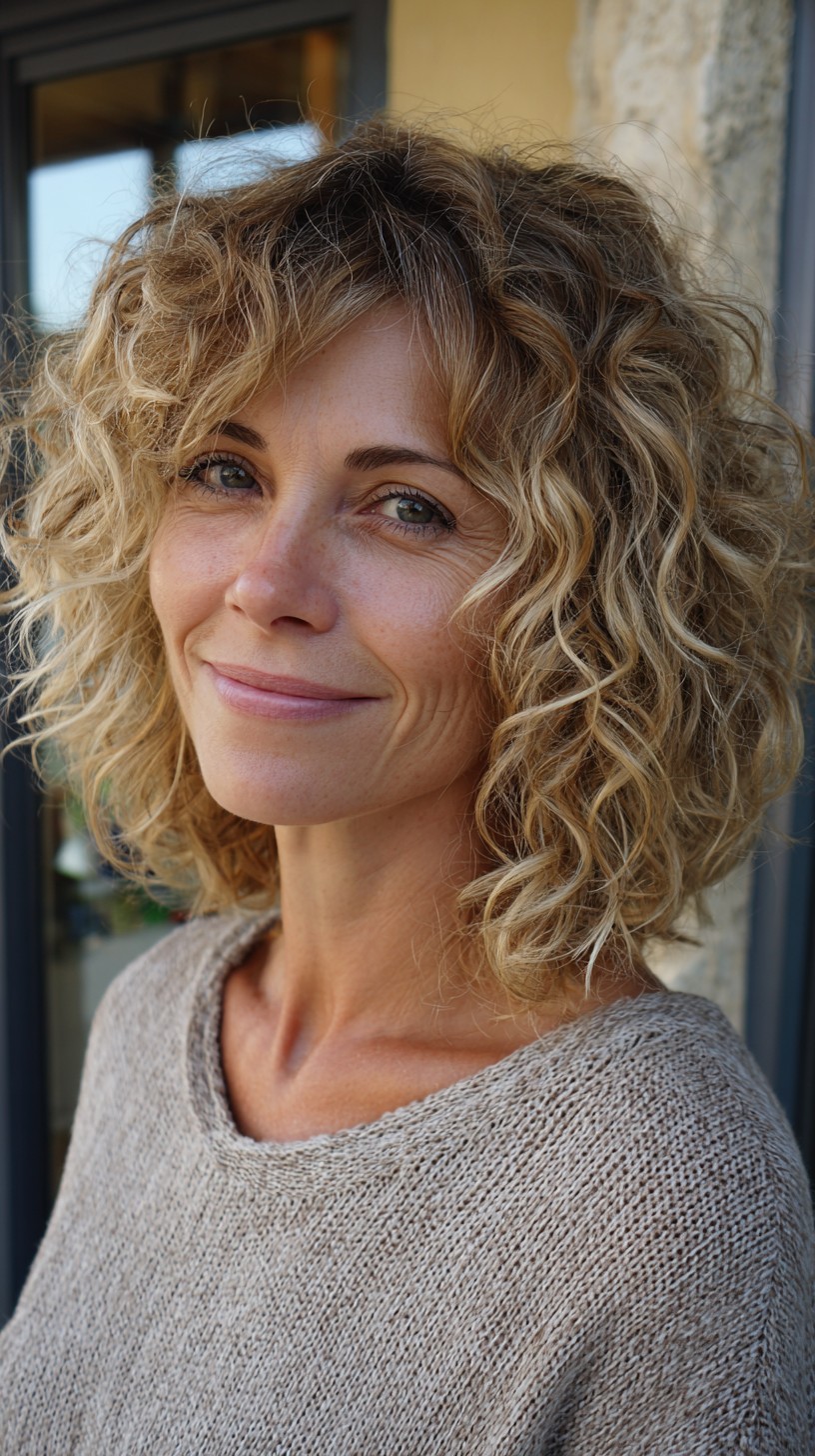 Golden Blonde Breezy Curly Shag for Fine Hair