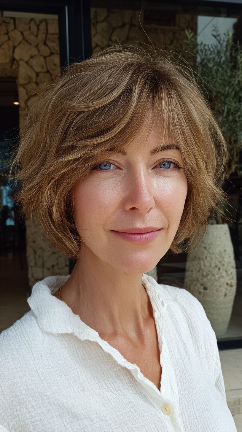 Golden Tousled Layered Bob with Subtle Curtain Bangs