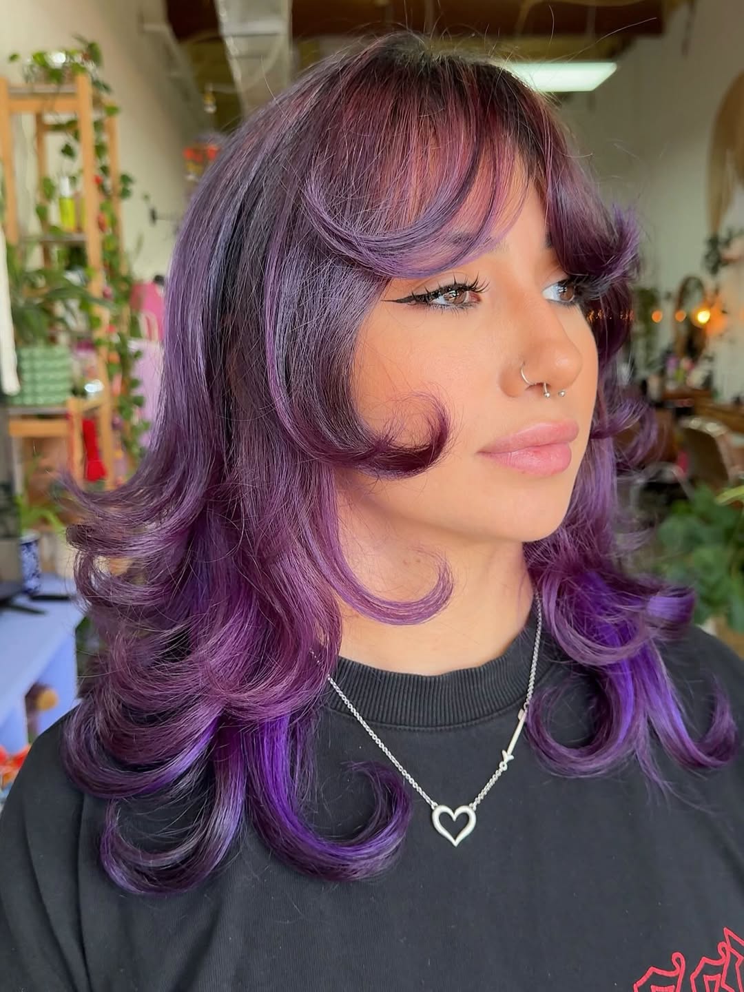 Lavish Purple Layered Bob with Curled Ends