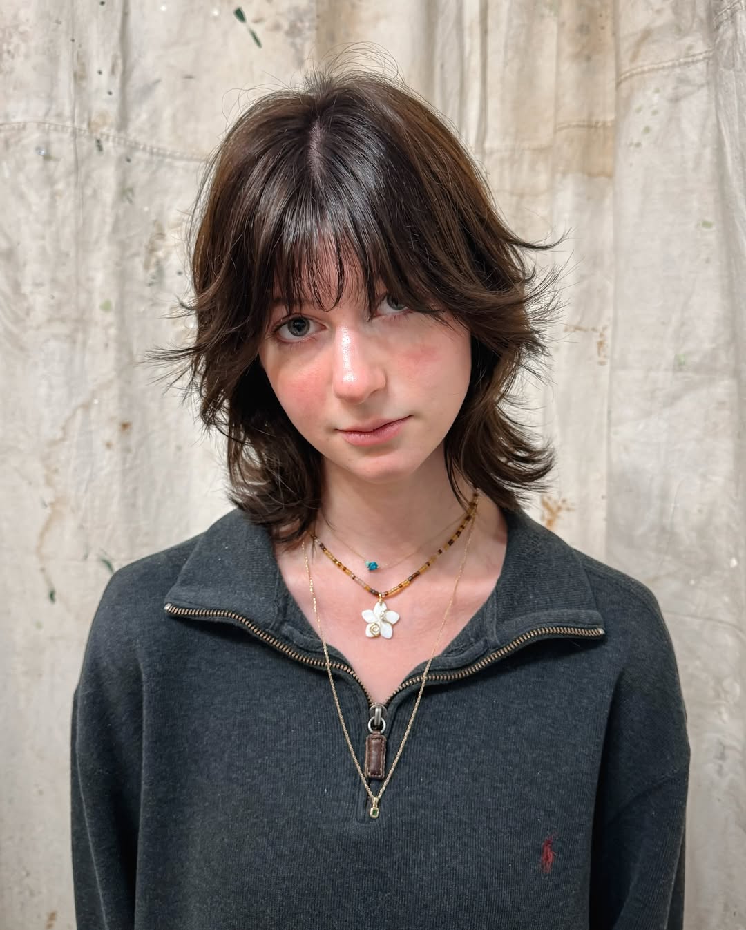 Layered Espresso Wolf Cut with Airy Bangs