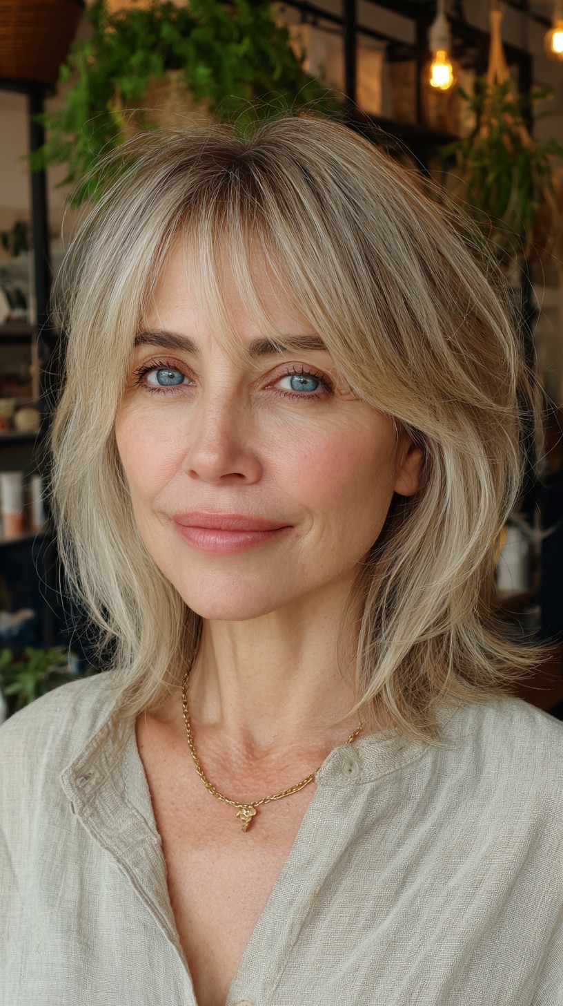 Light Ash Blonde Lob with Feathered Curtain Bangs