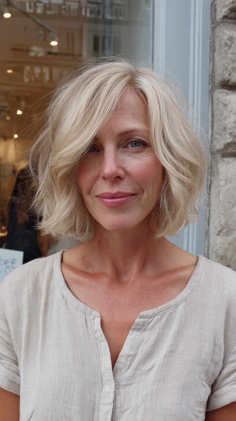 Lightly Tousled Blonde Bob with Delicate Curtain Bangs