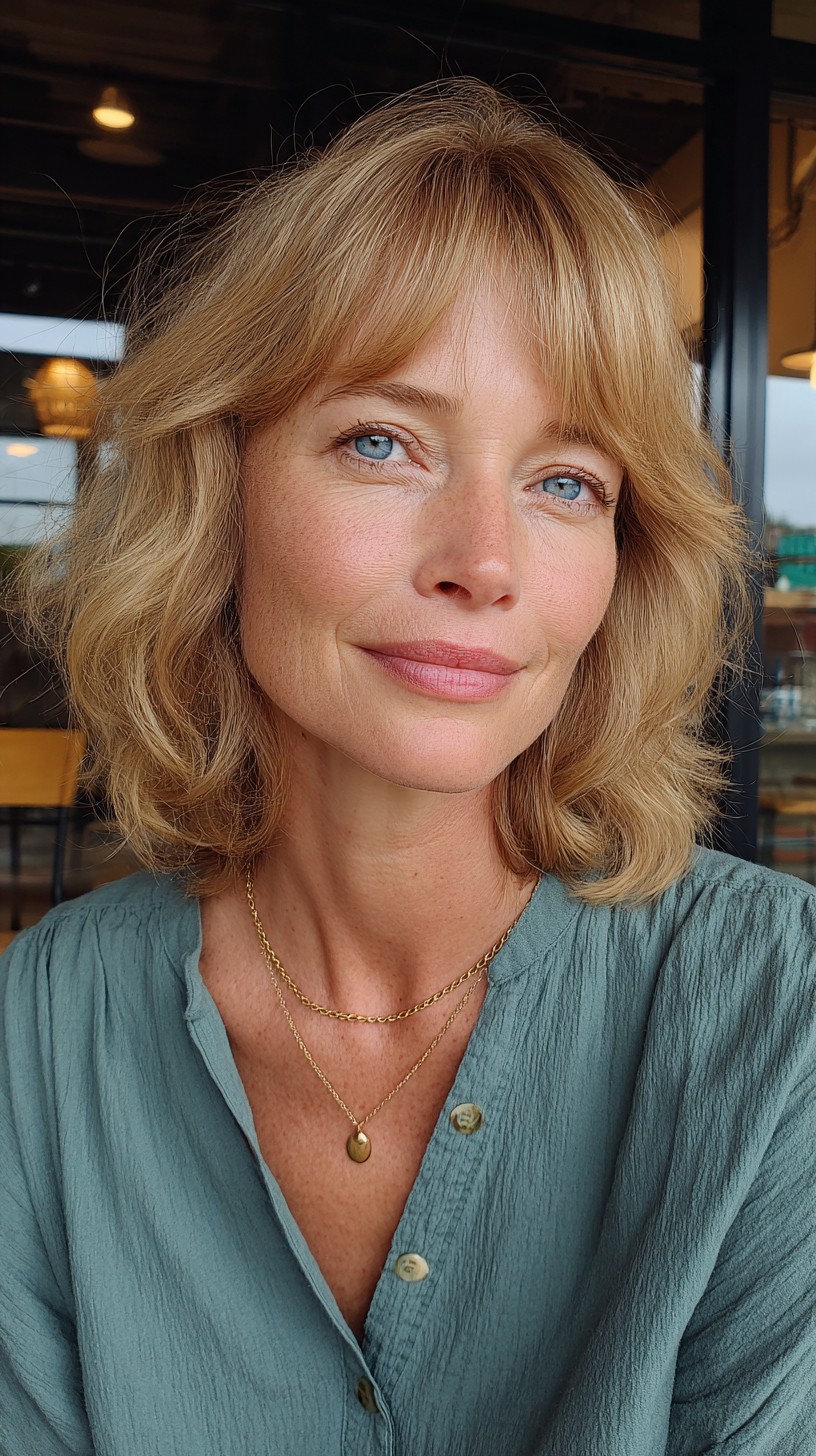 Lustrous Golden Lob with Breezy Curtain Bangs