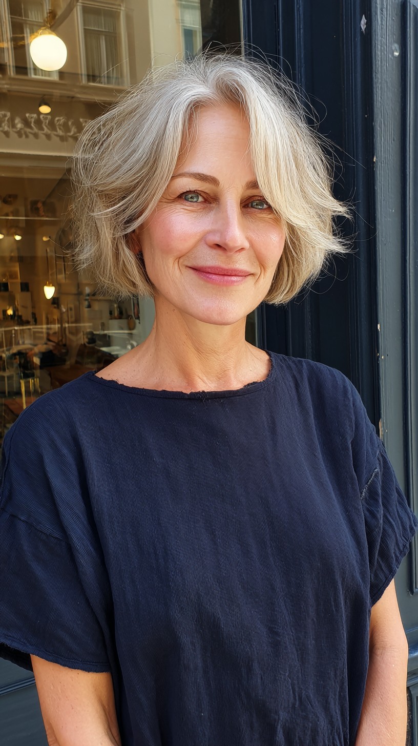 Platinum Layered Bob with Natural Waved Bangs
