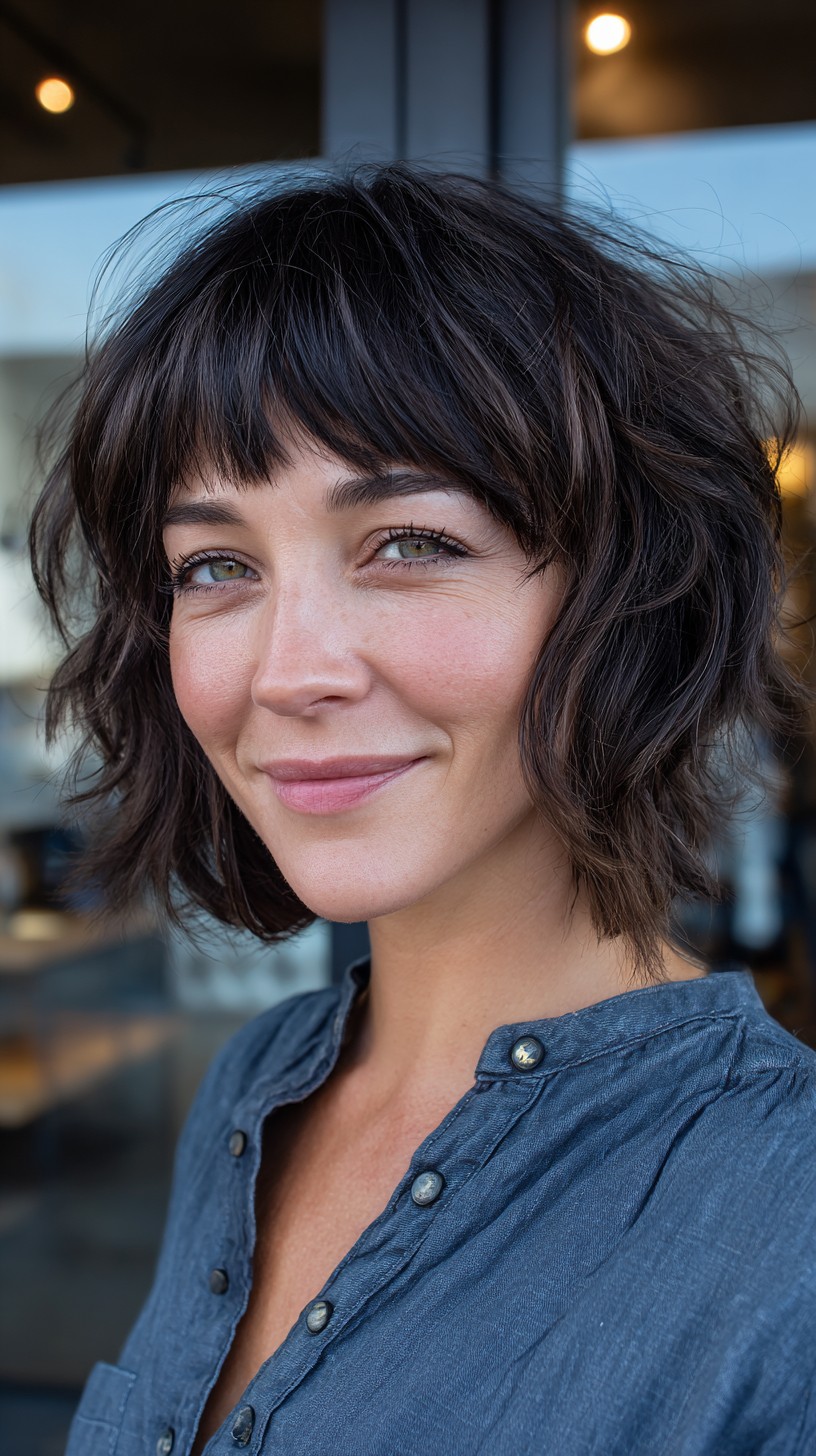 Playful Dark Wavy Bob with Textured Bangs