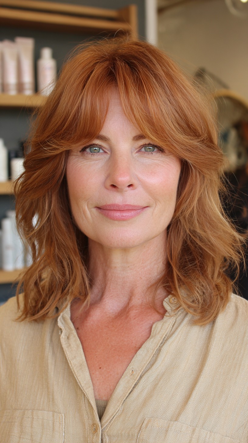 Radiant Copper Lob with Layered Curtain Bangs