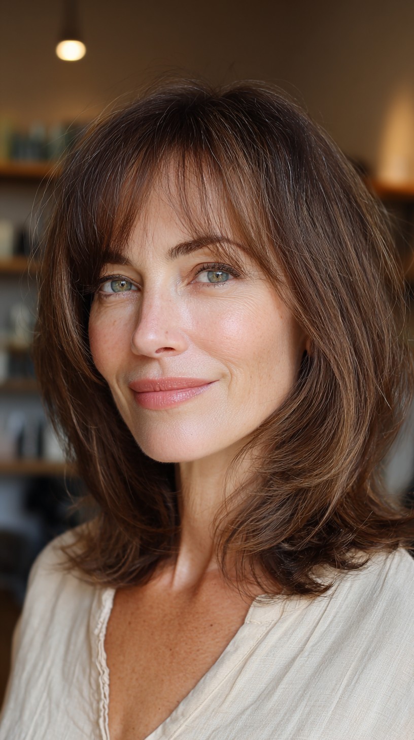 Rich Brunette Lob with Seamless Curtain Bangs