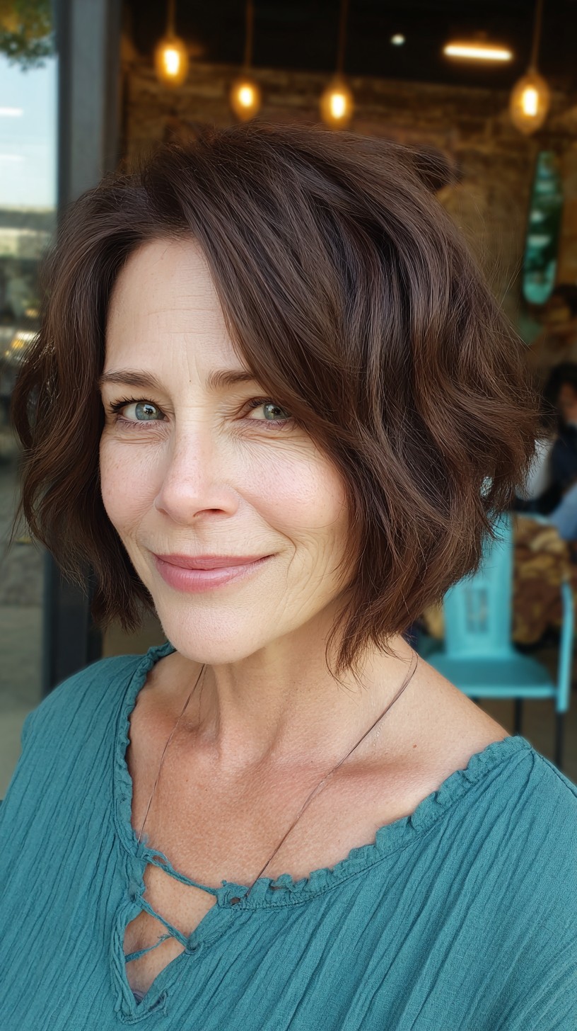 Rich Chestnut Layered Bob with Voluminous Curtain Bangs