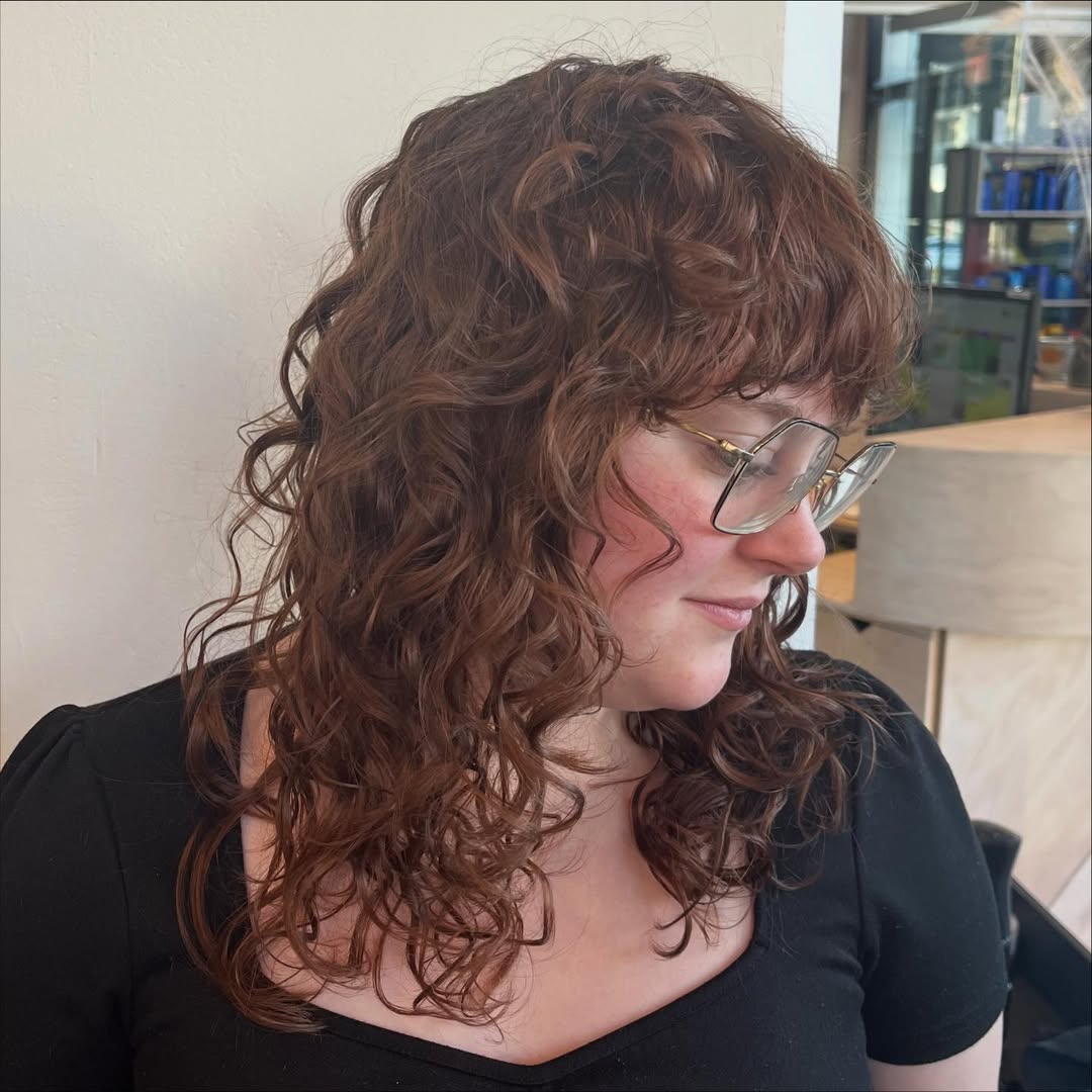 Rich Cinnamon Spiraled Shag with Fringed Bangs