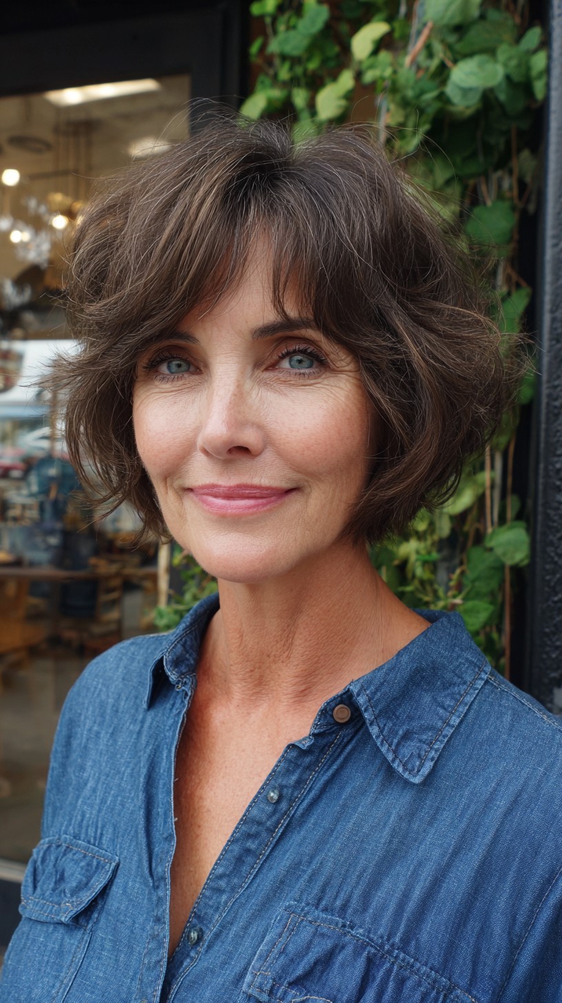 Rich Espresso Bob with Wispy Bangs and Subtle Waves